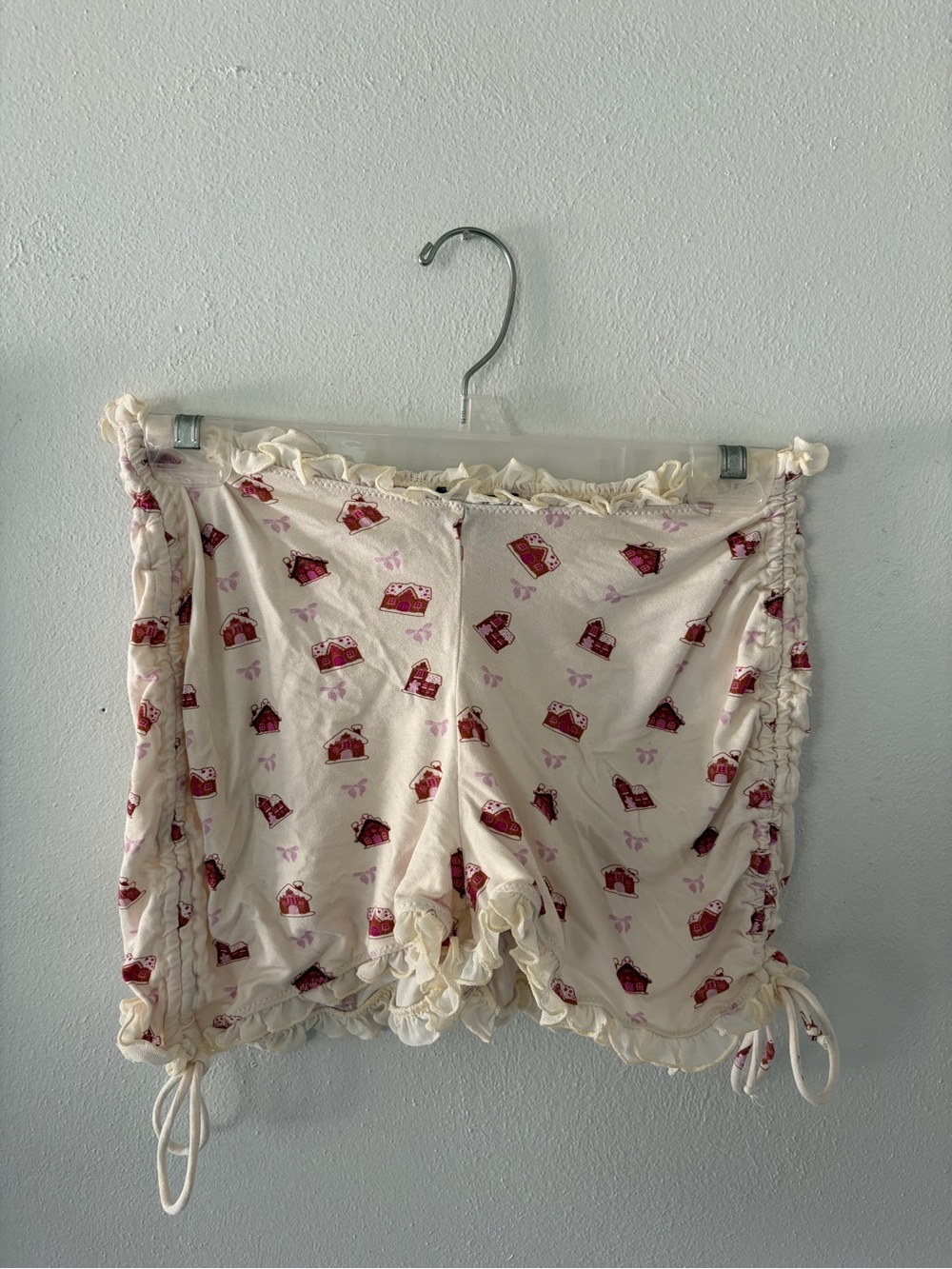 Whitefox Boutique Cream Ruffle Lounge Shorts with Red Print
